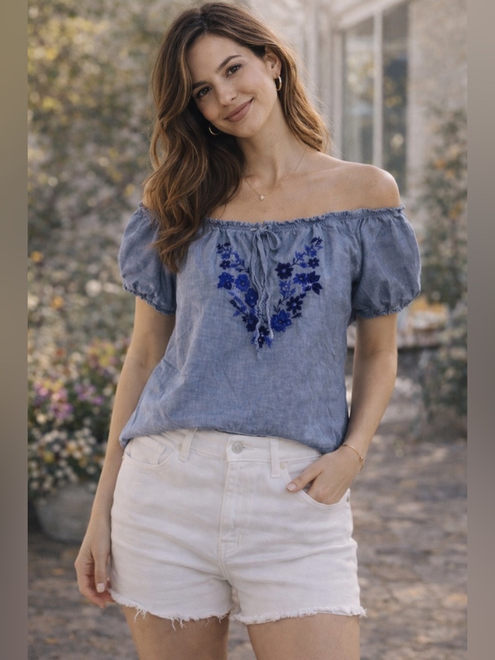 Blue Embroidered Peasant Top Off Shoulder Boho Cottagecore Medium